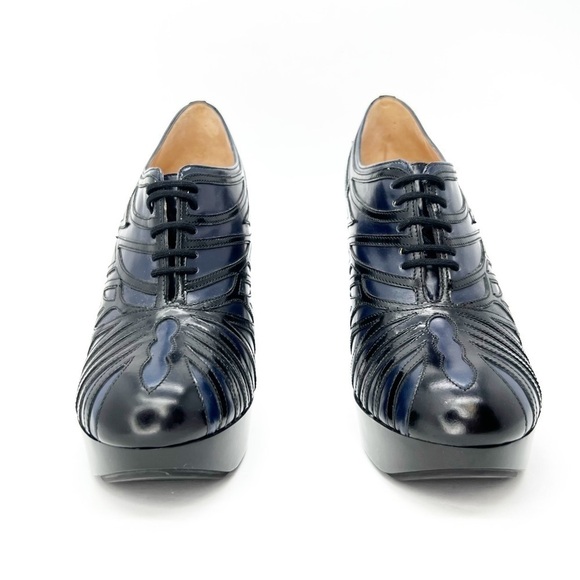 Robert Clergerie Talno Platform Booties Black Blue Leather Size 7.5 Art Deco EUC - Picture 3 of 16